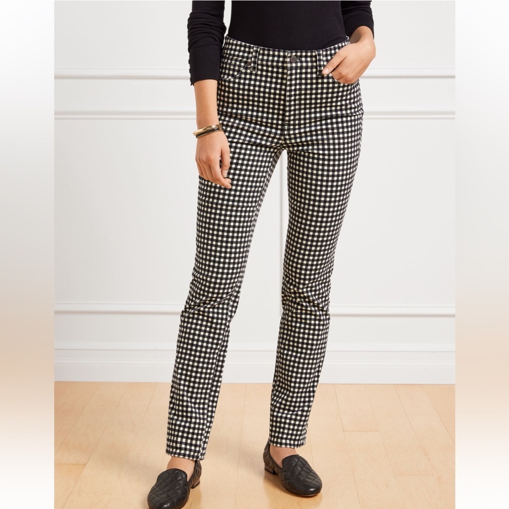 Talbots Stretch Corduroy Straight Leg Pants Buffalo Plaid Preppy Black White 6P